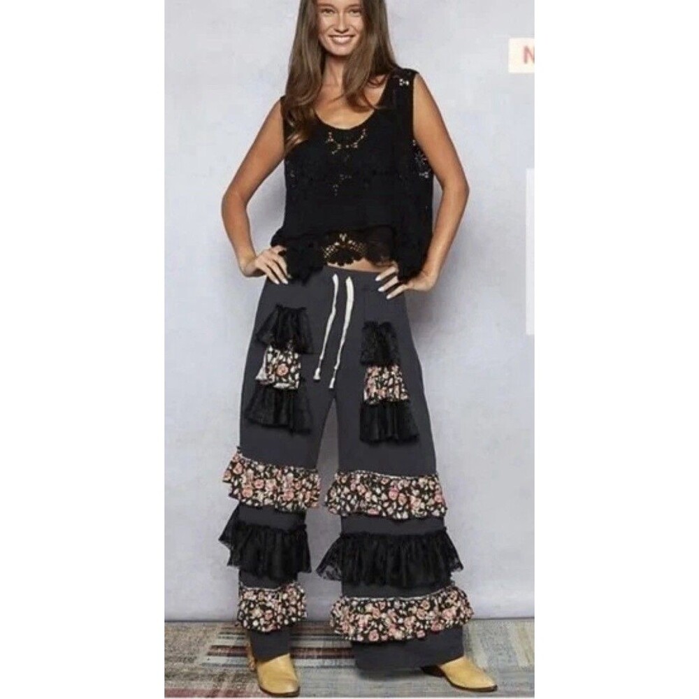 POL Boho Ruffle Floral Lace Wide Leg Gipsy Pants Women Lounge Small Cotton Confy